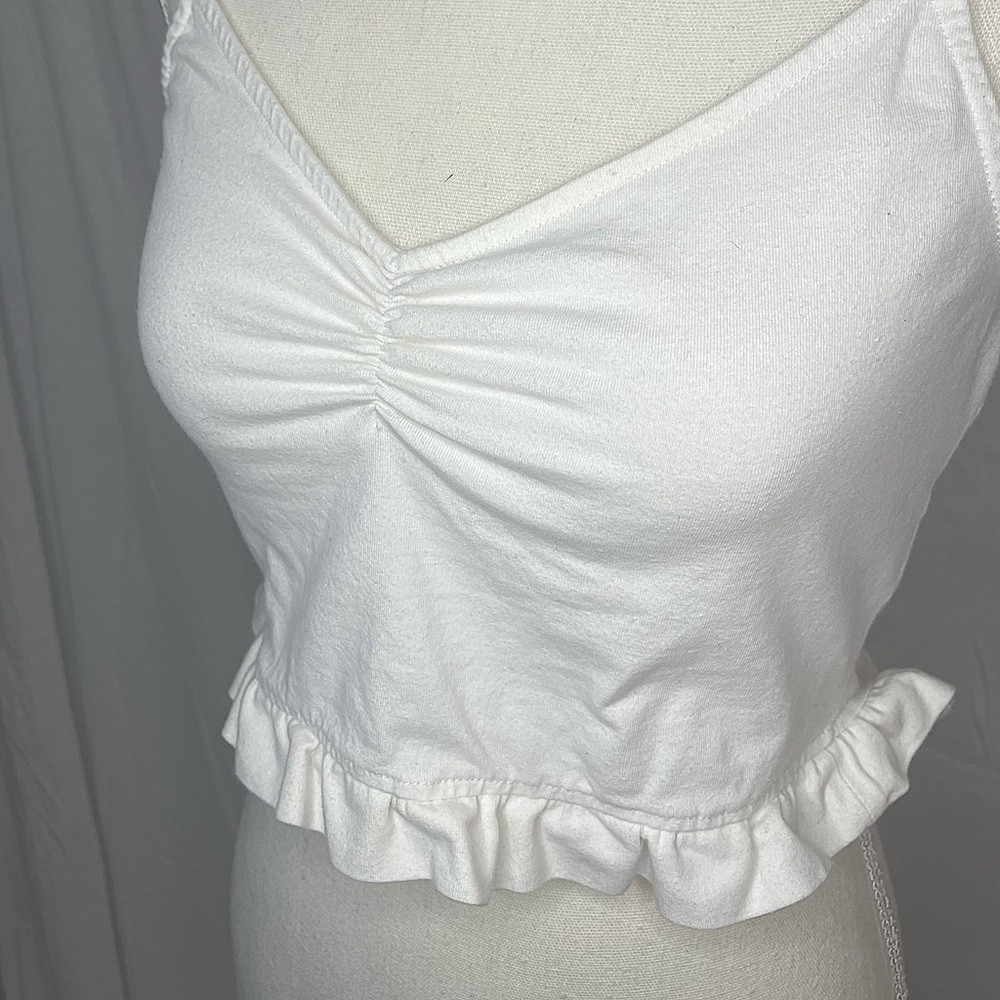 White Double Zero Ruffle Crop Tank Top